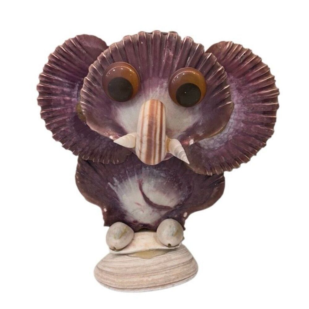 Vintage 90s Handmade Seashell Owl Figurine Home Decor OS Dark Mauve Shell Art